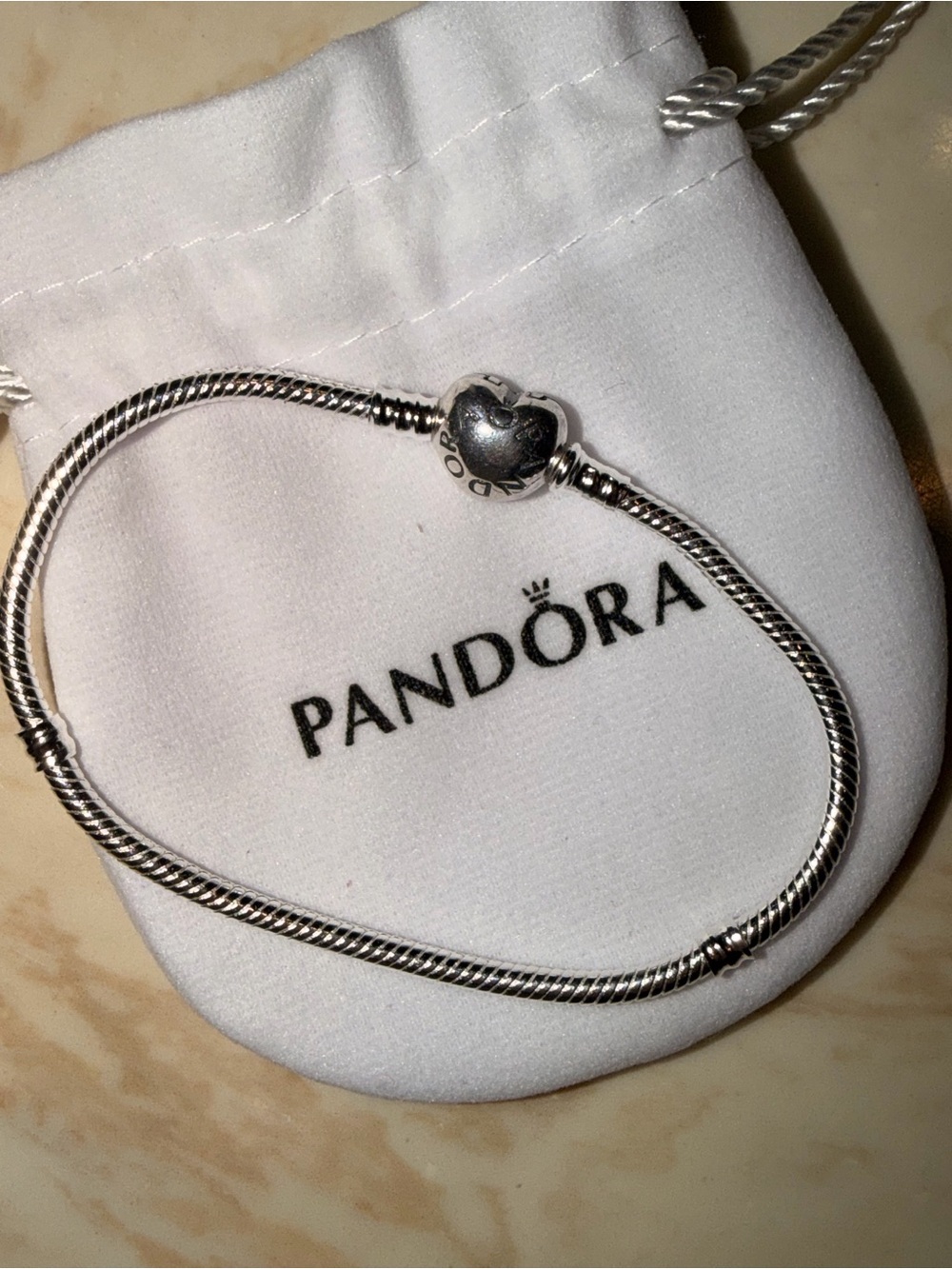 Pandora Silver Snake Chain Bracelet with Heart Clasp